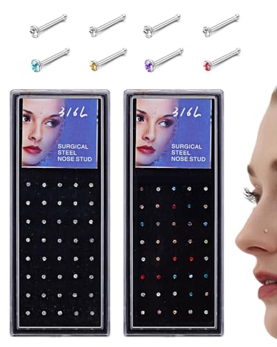 MYGLOAR 16G 80 Stück Nasenringstecker, Nasenringe, Nasenpiercing, Lippenpiercing, Ohrpiercing, Nasenstecker, Nasenringe, Kristall-Strasssteine, Knochen-Stecknadeln, Nasenringe aus Edelstahl von MYGLOAR