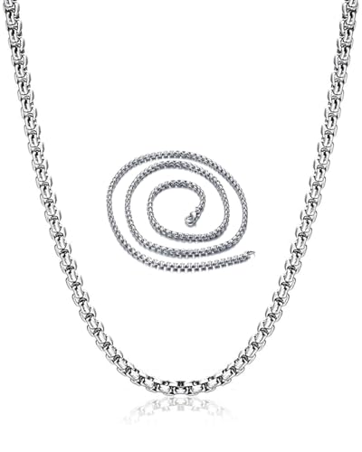 MYGLOAR 2 Stück Herren- und Damen-Edelstahl-Silberkette, S925-Sterlingsilber, 3 mm dick, Halskette 3 mm breit und 70 cm lang, Armband 3 mm breit und 19 cm lang, Herrenschmuck, Herrenhalskette von MYGLOAR