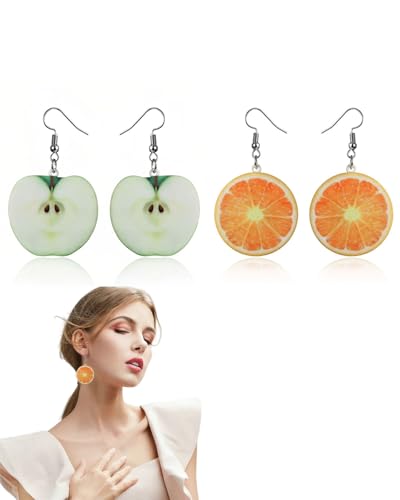 MYGLOAR 2-teilige Ohrringe, Damenohrringe, Fruchtohrringe, orangefarbene Ohrringe, orangefarbene Ohrringe, grüne Apfelohrringe, Apfelohrringe von MYGLOAR