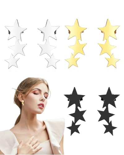MYGLOAR 3PCS Stern Ohrringe Silber 925 Damen Mädchen Hypoallergene Ohrringe Silber 925 Stecker Kleine Stern Ohrringe Silber/Gold/Schwarz Gesunde Stecker Ohrringe Mädchen Kinder Schmuck Geschenke von MYGLOAR