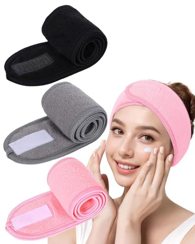 MYGLOAR 3er-Pack Make-up-Haarbänder für Damen, breite Stirnbänder, Haarbänder, Make-up-Spa-Stirnbänder, Frottee, Haarbänder zum Abschminken,verstellbare Haarbänder mit Klettverschlüssen zum Sport,Yoga von MYGLOAR