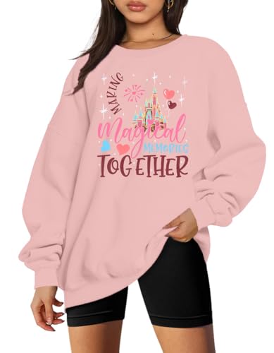 MYHALF Oversized Magic Kingdom Sweatshirts für Damen: Magical Castle Graphic Shirts Lustiger Buchstabendruck Langarm Rundhals Tops, Pink, M von MYHALF