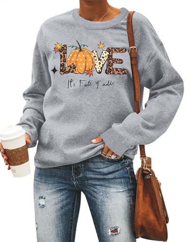 MYHALF Pumpkin Season Sweatshirt Herbst Shirt: Damen Atumn Crewneck Tops Thanksgiving Halloween Bestickter Pullover Outfits, Hellgrau, B, M von MYHALF