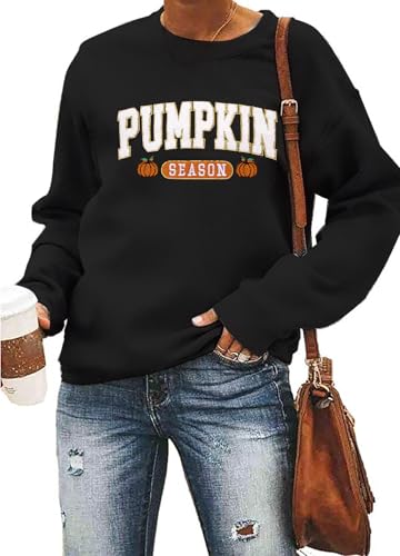 MYHALF Pumpkin Season Sweatshirt Herbst Shirt: Damen Atumn Crewneck Tops Thanksgiving Halloween Bestickter Pullover Outfits, Schwarz, M von MYHALF