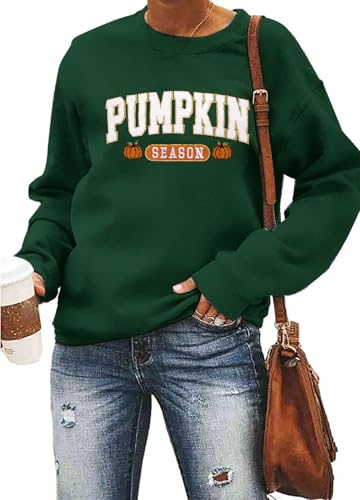 MYHALF Pumpkin Season Sweatshirt Herbst Shirt: Damen Atumn Crewneck Tops Thanksgiving Halloween Bestickter Pullover Outfits, Grün , S von MYHALF