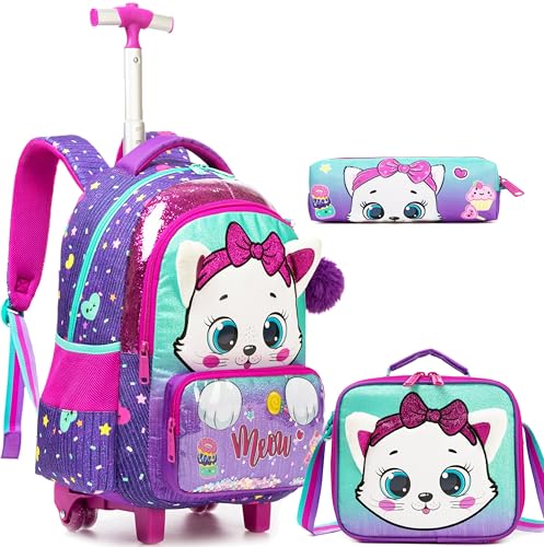 MYHSBYO Kinder-Rollrucksack mit Rollen für elementare Mädchen, Jungen, Reisegepäck, Handgepäck-Rucksack, 01 Purple Cat von MYHSBYO