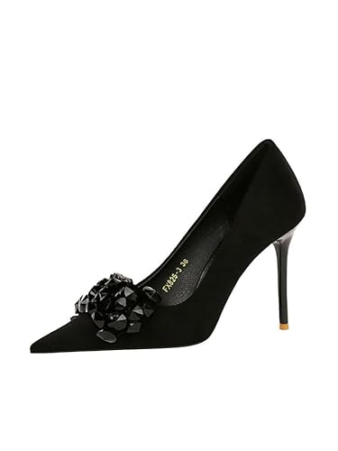 Bankett High Heels Damenschuhe Stiletto Wildleder Flacher Mund Spitz Zehe Edelstein Strass Schleife, Schwarz , 39.5 EU von MYJIO