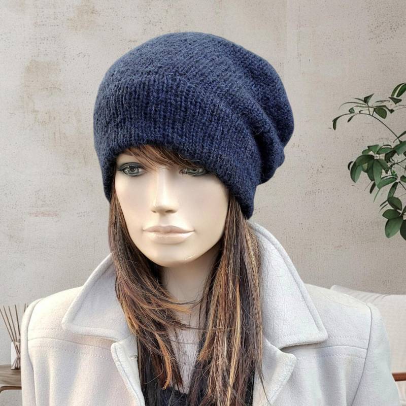 Beaniemütze, Wolle, Alpaka, Dunkelblau, Strickmütze, Wollmütze, Slouch-Mütze, Gestrickt von MYKNITO