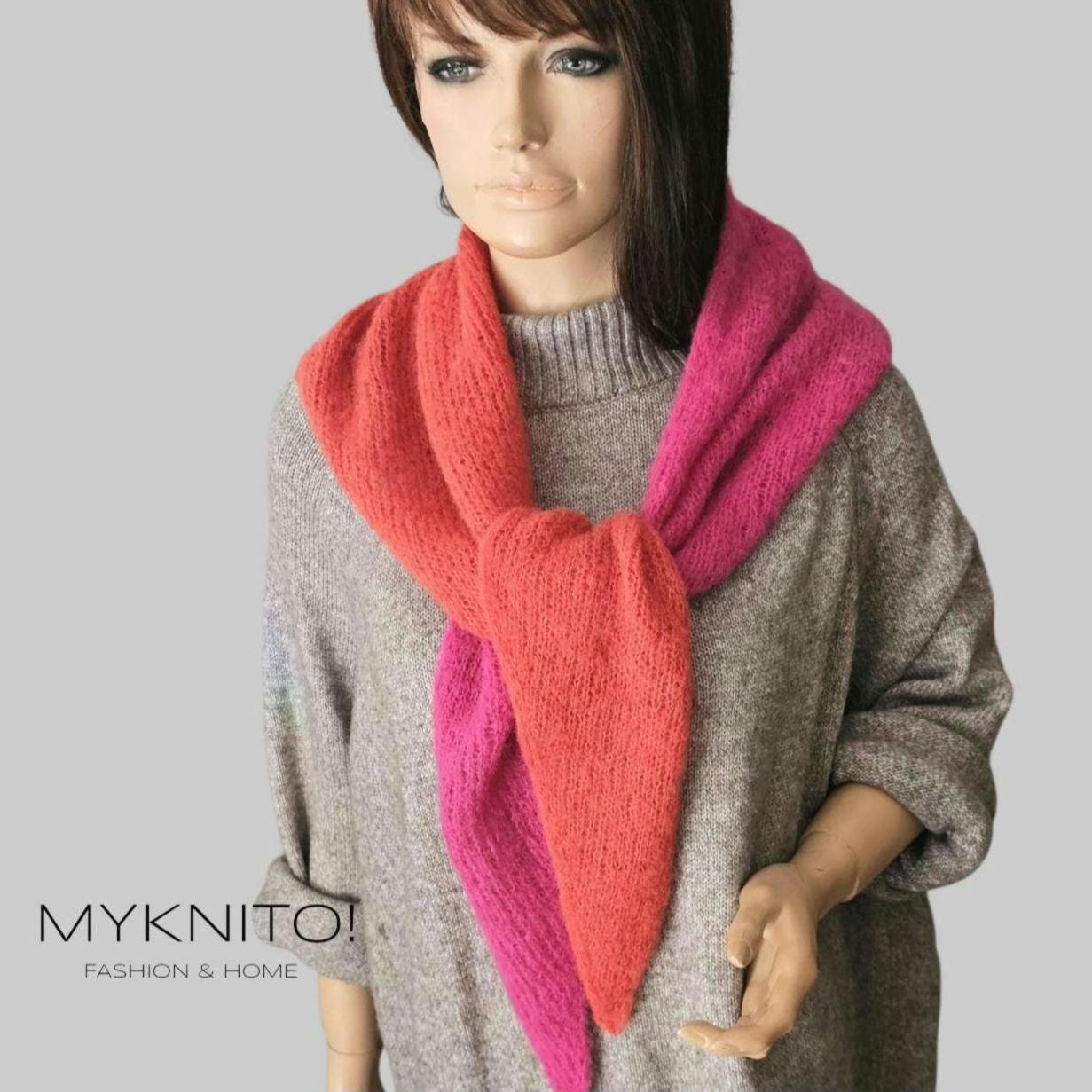 Dreieckstuch, Alpaka, Pink/Koralle, Gestrickt, Wollschal, Wolle, Schal, Halstuch von MYKNITO