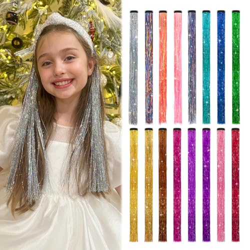 MYKURS Clip in Lametta Haarverlängerungen für Kinder, Glitter Haarverlängerung Clips, Fee Haar Lametta Kit für Mädchen, 16 PCS von MYKURS