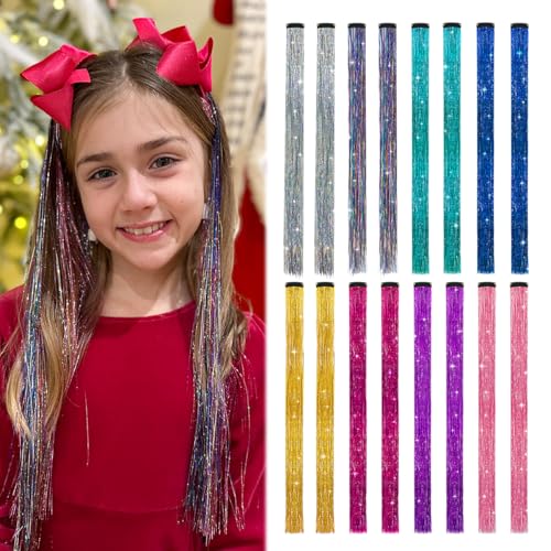 MYKURS Haargummi Clip ins, Glitter Haarsträhnen für Kinder Party Crazy Hair Day, Flitter Haarverlängerungen, 16 PCS von MYKURS