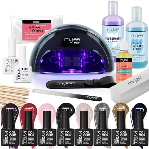 Mylee The Full Works Gel-Nagellack-LED-Lampen-Set, 8 x MYGEL-Farben, Top und Base Coat, LED-Nagellampe PRO Salon Series, Prep & Wipe, Gel-Entferner (Herbst/Winter - Schwarze Lampe) von MYLEE