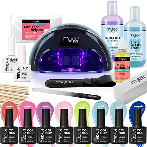 Mylee The Full Works Gel-Nagellack-LED-Lampen-Set, 8 x MYGEL-Farben, Über- und Unterlack, Mylee Pro Aushärtung LED-Lampe, Prep & Wipe, Gel-Entferner (Frühling/Sommer – Schwarze Lampe) von MYLEE