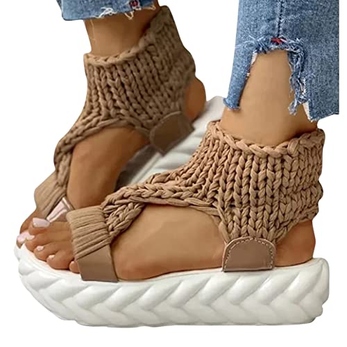 MYLH Sandalen Damen Plateau Sandaletten Sommer Stricken Sandals Retro Flache Sandalen Strandsandalen Weichen Sohlen Freizeitsandalen Leicht Lässige Sommerschuhe Open Toe Sportsandalen von MYLH