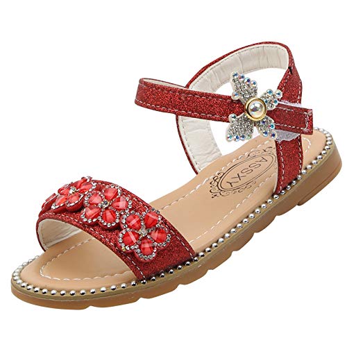 MYLH Sandalen Kinder 24 Prinzessin Schuhe MäDchen Strandsandalen Sport Sommer Freizeitschuhe Flache Blumen Open Toe Sommerschuhe Kinderschuhe Rutschfest Weichen Sohle Sandaletten, Rot, 32 EU von MYLH