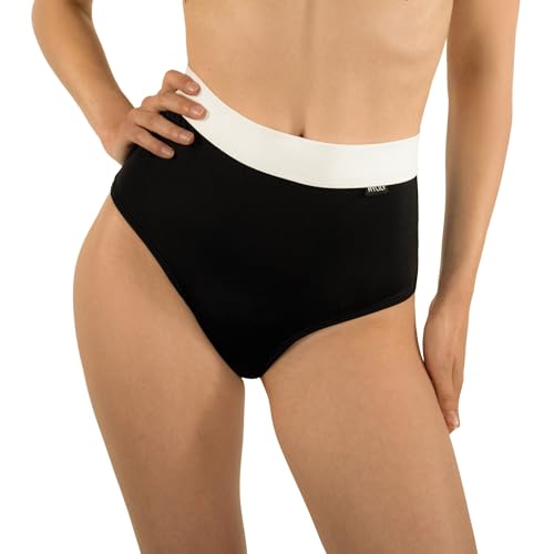 MYLILY Perioden Bikinihose Schwarz Damen | High Waist Bikinihose mit weißem Bund | Perioden Bikini High Waist | Perioden Bademode zum Schwimmen | Perioden Badehose Schwarz Weiß (S) von MYLILY