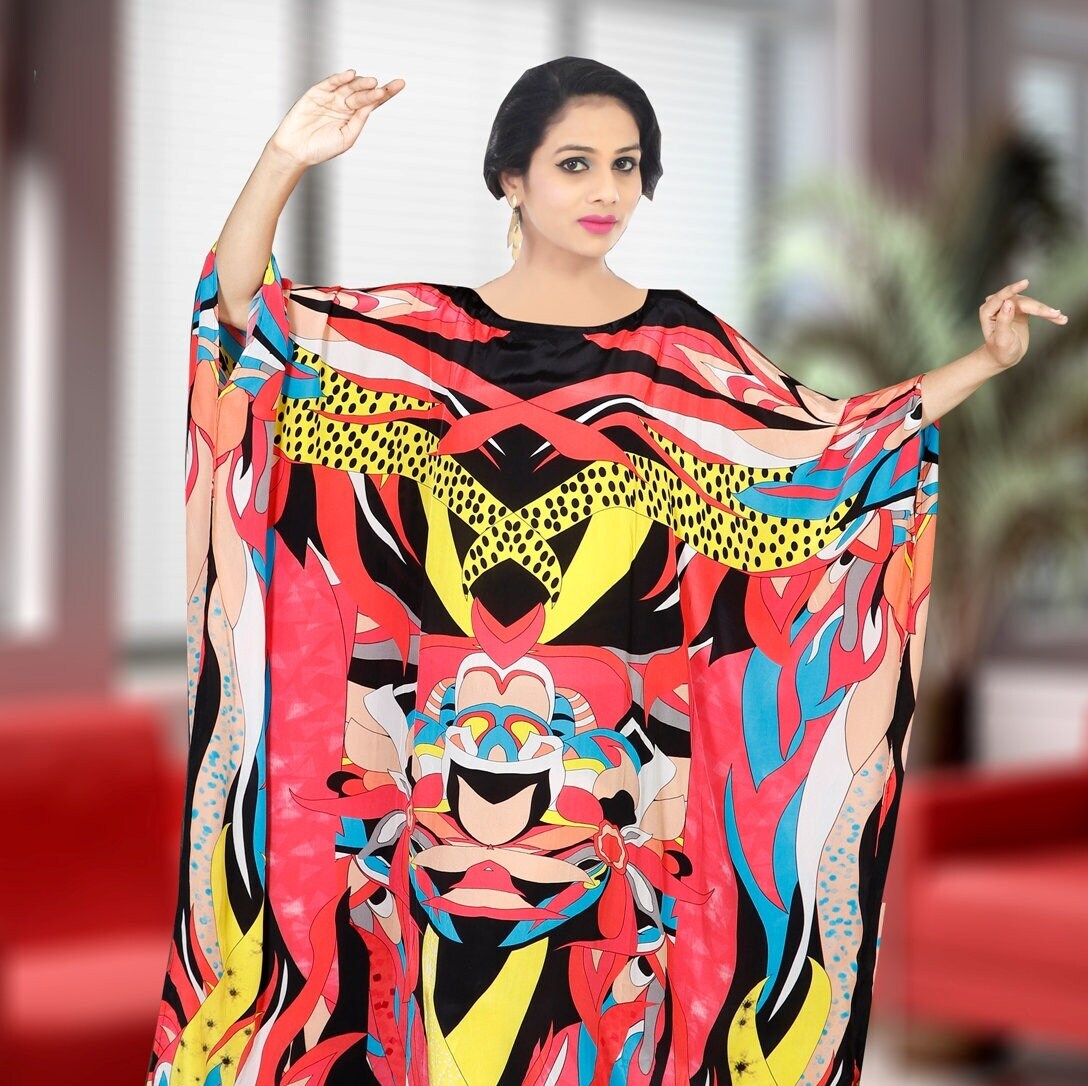 Langarm Seide Maxi Kaftan Rotes Abstraktes Print Resort Kleid von MYMKCREATION