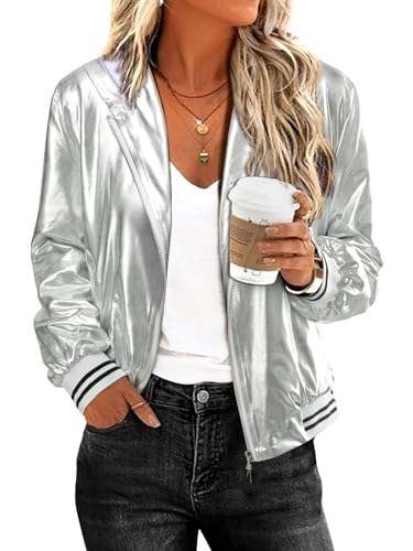 MYMORE Damen Sparkly Silver Kapuzenjacke Glitzer Metallic Top Zip Up Hoodie Shirt Disco Rave Konzert Outfit mit Taschen, A2-silber, X-Large von MYMORE