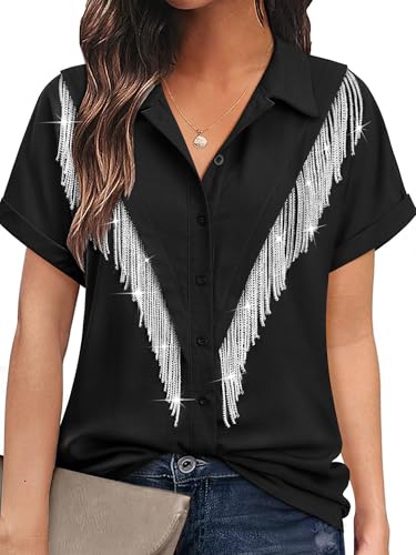 MYMORE Damen Western Cowgirl Strass Fransen Button Down Hemd Rollbündchen Kurzarm Hemd Country Konzert Outfit, 02_schwarz, Groß von MYMORE