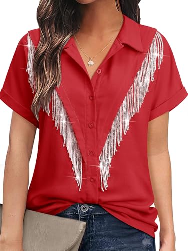 MYMORE Damen Western Cowgirl Strass Fransen Button Down Hemd Rollbündchen Kurzarm Hemd Country Konzert Outfit, 05_Rot, X-Groß von MYMORE