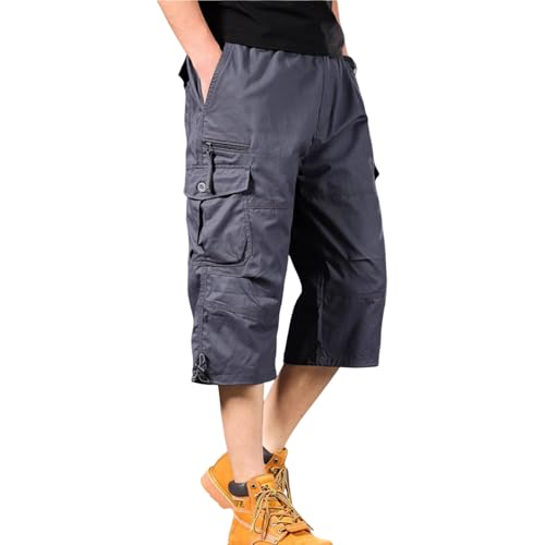 MYMRIN Cargo Shorts Herren 3/4 mit 7 Taschen – 100% Baumwolle Freizeithose mit Elastischem Bund(Grau,M) von MYMRIN