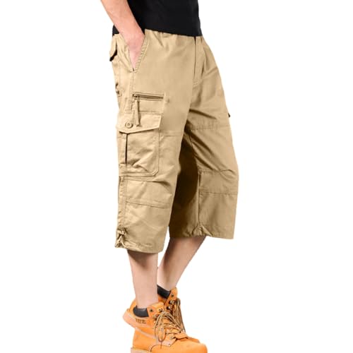 MYMRIN Cargo Shorts Herren 3/4 mit 7 Taschen – 100% Baumwolle Freizeithose mit Elastischem Bund(Khaki,S) von MYMRIN