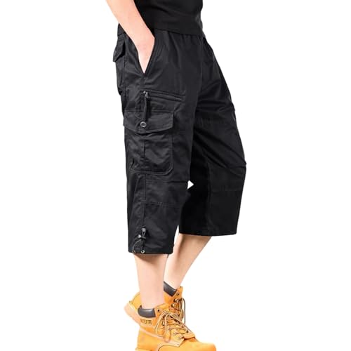 MYMRIN Cargo Shorts Herren 3/4 mit 7 Taschen – 100% Baumwolle Freizeithose mit Elastischem Bund(Schwarz,XL) von MYMRIN