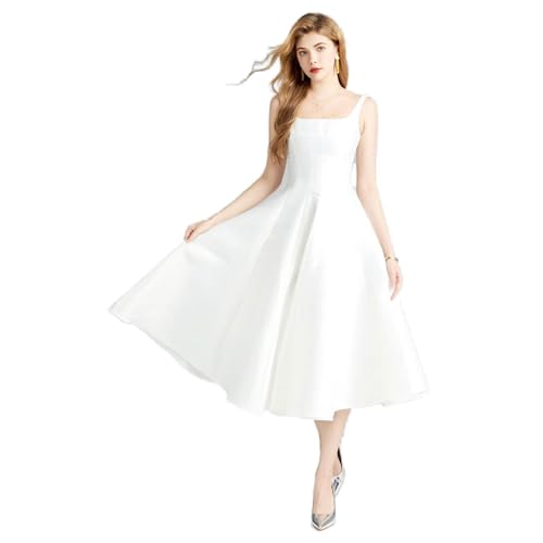 Damen-kleid mit Quadratischem Ausschnitt, Modisch,infarbig, Elegant, Lässiges Trägerkleid Party A-Linie, Slip-Kleid(White,L) von MYMdt