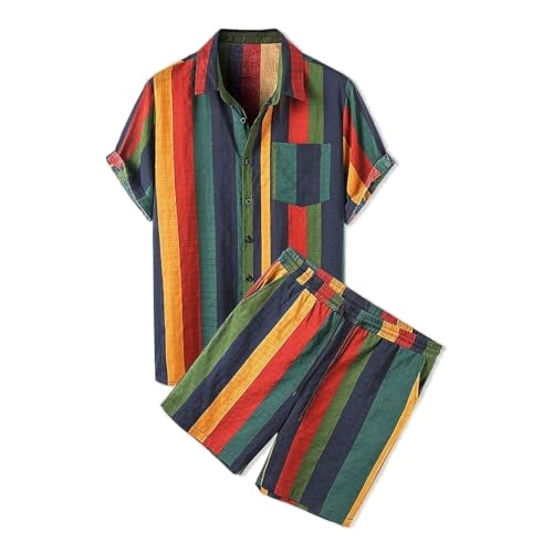 MYMdt 2 Teiliges Herren Sommer Bunt Gestreift Freizeithemd Kurzarm Shorts Zweiteiliger Baumwolle Button Down Kurzarm Hemd Kurze Hose Atmungsaktiv Freizeitanzug(M) von MYMdt