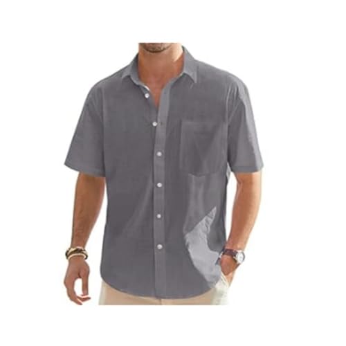 MYMdt Leinenhemd Herren Hemd Kurzarm Freizeithemd Sommer Casual Lockere Hemden Strandshirt mit Taschen Kurze Ärmel aus Baumwolle und Leinen(Dark gray,6XL) von MYMdt