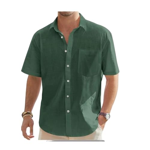 MYMdt Leinenhemd Herren Hemd Kurzarm Freizeithemd Sommer Casual Lockere Hemden Strandshirt mit Taschen Kurze Ärmel aus Baumwolle und Leinen(Dark green,6XL) von MYMdt
