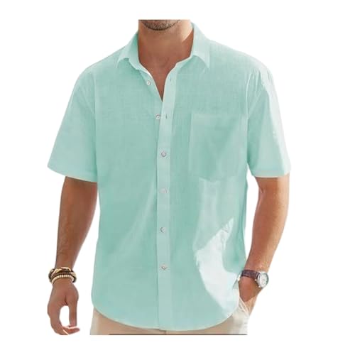 MYMdt Leinenhemd Herren Hemd Kurzarm Freizeithemd Sommer Casual Lockere Hemden Strandshirt mit Taschen Kurze Ärmel aus Baumwolle und Leinen(Light green,6XL) von MYMdt