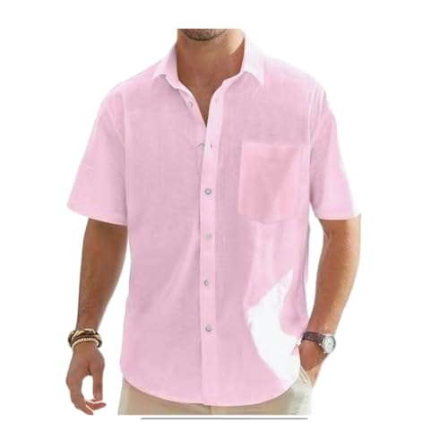 MYMdt Leinenhemd Herren Hemd Kurzarm Freizeithemd Sommer Casual Lockere Hemden Strandshirt mit Taschen Kurze Ärmel aus Baumwolle und Leinen(Pink,5XL) von MYMdt