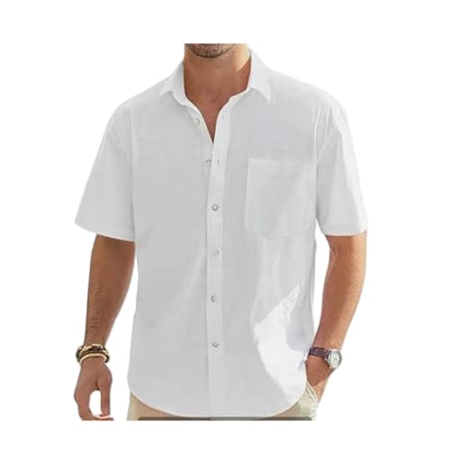 MYMdt Leinenhemd Herren Hemd Kurzarm Freizeithemd Sommer Casual Lockere Hemden Strandshirt mit Taschen Kurze Ärmel aus Baumwolle und Leinen(White,4XL) von MYMdt