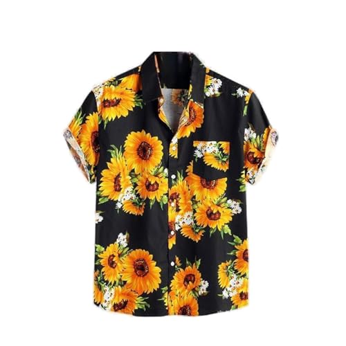 MYMdt Sonnenblumen-Print Kurzarm Revers Hemd Strandhemd, perfekt lässig Hemd mit Knöpfen mit Taschen Herren Freizeithemd(Black,3XL) von MYMdt