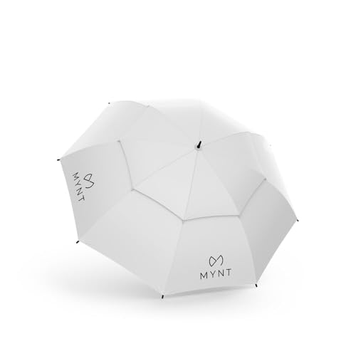 MYNT Pro Rain Automatik Golfschirm XXL mit UV-Schutz | Doppelbaldachin | Durchmesser 150cm 60 Inch | Damen & Herren | Fiberglas | sturmfest | Regenschirm | groß (Weissgrau/Dunkelblau inkl. UV-Schutz) von MYNT