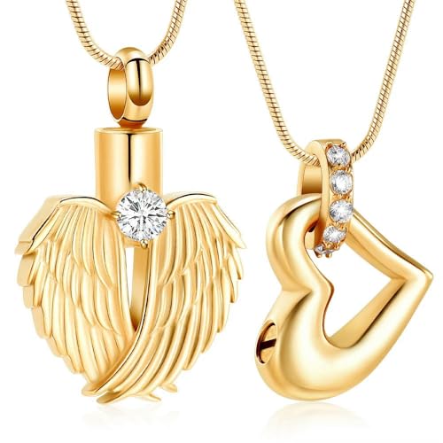 MYPOWER 2 Stück/Set Urnen-Halskette mit Flügeln und Herzanhängern für die Asche von Menschen und Haustieren, Edelstahl, für Frauen, Andenken, Gold MYPOWER 2 Stück/Set Urnen-Halskette mit Flügeln und Herzanhängern für die Asche von Menschen und Haustieren, Edelstahl, für Frauen, Andenken, Gold von MYPOWER