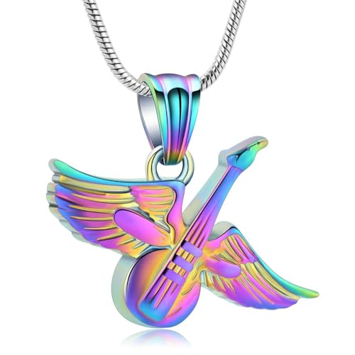 MYPOWER Asche-Anhänger – Urnen-Halskette mit geflügelter Gitarre als Erinnerungsgeschenk für Menschen/Haustiere, für Gitarristen oder Musikliebhaber, bunt von MYPOWER