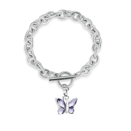 MYPOWER Einäscherungsarmband für Asche – Kristall-Schmetterlingsanhänger, Urnenarmreif, Gedenkschmuck, Aschehalter aus Edelstahl, Andenken, Lila von MYPOWER
