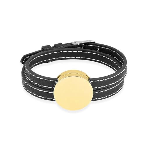 MYPOWER Feuerbestattungsarmband für Asche, Edelstahl, goldenes rundes Medaillon, verstellbares Lederband, Armreif, individueller Gedenkurnenschmuck, Schwarz von MYPOWER
