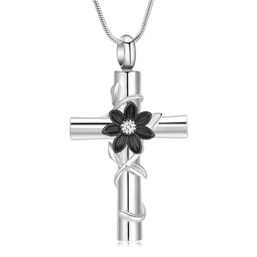 MYPOWER Feuerbestattungsschmuck, Gedenkkette, Urne, geschnitzter Blumenkreuz-Anhänger für die Asche von Haustieren, Hunde, Edelstahl, Andenken für Frauen, Schwarz von MYPOWER