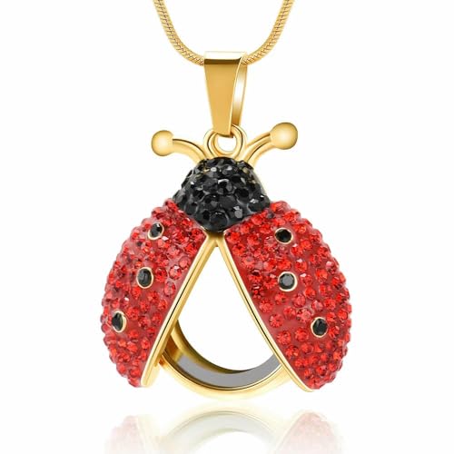 MYPOWER Gedenkkette in Käferform mit drehbarem Urnenanhänger, Halter für die Asche von Haustieren, Edelstahl, Kristall, Geschenkschmuck für Damen, Gold von MYPOWER