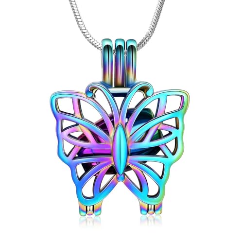 MYPOWER Halskette mit Anhänger in Schmetterlingsform, hohles Design mit zu öffnender Urne für Tierasche, Gedenkschmuck aus Edelstahl für Frauen, Regenbogen von MYPOWER