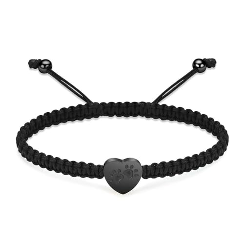MYPOWER Herz-Urnen-Armband für Asche, Pfotenabdruck, Andenkenschmuck, verstellbar, geflochten, Armreif, Haustier, Hund, Katze, Gedenkgeschenk, Schwarz von MYPOWER