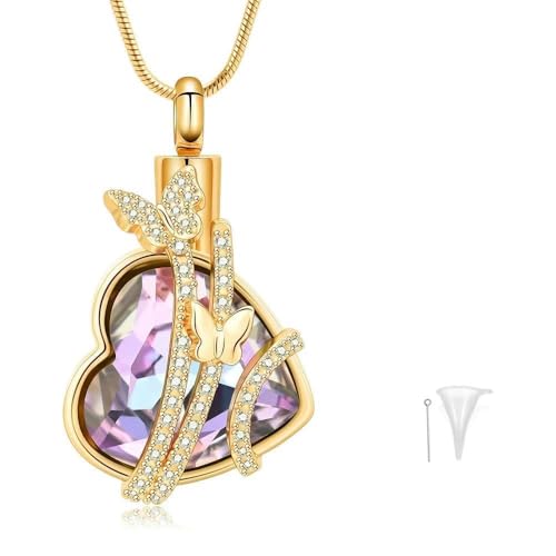 MYPOWER Personalisierte Gedenkkette mit Schmetterlings-Herzanhänger und großem Diamanten für die Asche von Haustieren, Edelstahl, Andenken für Damen, B von MYPOWER