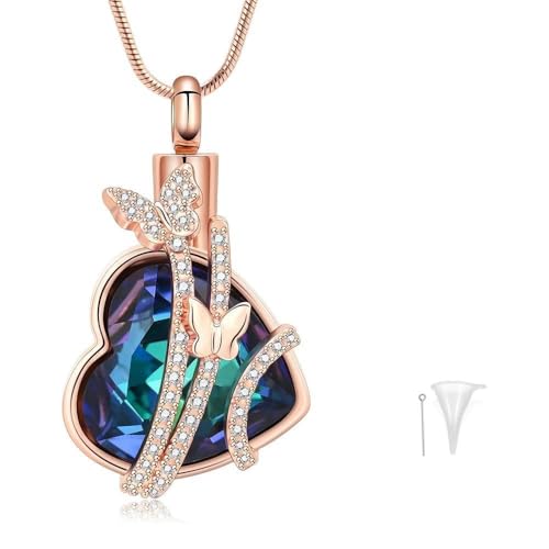 MYPOWER Personalisierte Gedenkkette mit Schmetterlings-Herzanhänger und großem Diamanten für die Asche von Haustieren, Edelstahl, Andenken für Damen, D von MYPOWER