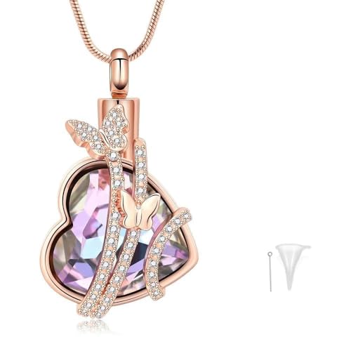 MYPOWER Personalisierte Gedenkkette mit Schmetterlings-Herzanhänger und großem Diamanten für die Asche von Haustieren, Edelstahl, Andenken für Frauen, A von MYPOWER