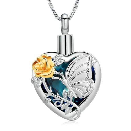 MYPOWER Rosenurnen-Halskette für Asche, Schmetterling, Einäscherungsschmuck, Herz-Asche-Anhänger für Frauen, Edelstahl, Andenken, Gedenkschmuck, Blau-Gold MYPOWER Rosenurnen-Halskette für Asche, Schmetterling, Einäscherungsschmuck, Herz-Asche-Anhänger für Frauen, Edelstahl, Andenken, Gedenkschmuck, Blau-Gold von MYPOWER