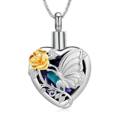 MYPOWER Rosenurnen-Halskette für Asche, Schmetterling, Einäscherungsschmuck, Herz-Asche-Anhänger für Frauen, Edelstahl, Andenken, Gedenkschmuck, Lila-Gold MYPOWER Rosenurnen-Halskette für Asche, Schmetterling, Einäscherungsschmuck, Herz-Asche-Anhänger für Frauen, Edelstahl, Andenken, Gedenkschmuck, Lila-Gold von MYPOWER