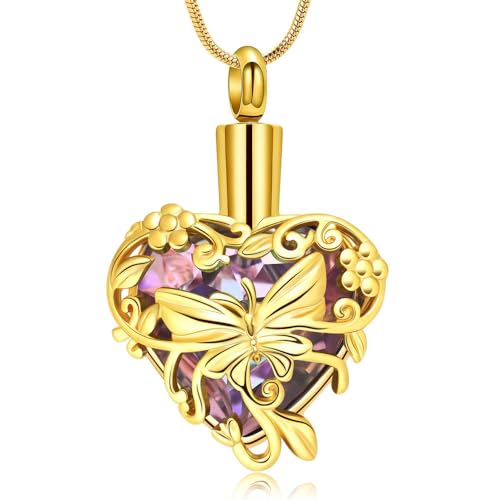 MYPOWER Schmetterlings-Urnen-Halskette mit Herz-Anhänger für Asche, Kristall-Urnen-Medaillon-Anhänger für Frauen, Gold-Lila von MYPOWER